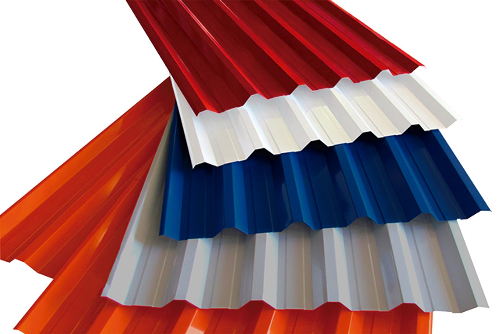 5 pedaços de telhas uma apoiada na outra, nas cores: vermelha, branca, marinho, cinza e laranja.